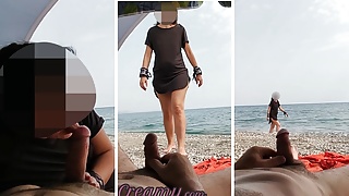 Dick flash – A girl caught me jerking off in public beach and help me cum – MissCreamy